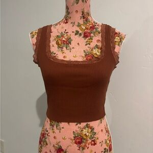 Brown Ribbed Lace Trim Women's Top